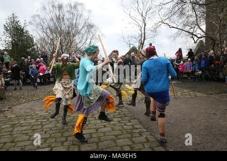 Heptonstall, UK. 30th March, 2018. Female Morris Dancers in Weavers Square on Good Friday in the historical village of Heptonstall, 30th March, 2018 (C)Barbara Cook/Alamy Live News Stock Photo