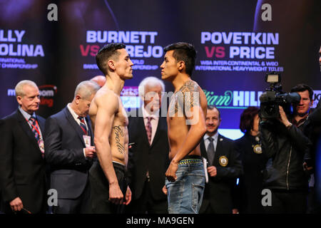 03-30-2018, Motopoint Arena Hall, Cardiff.   ANTHONY CROLLA      v     EDSON RAMIREZ 9st 10lbs 6oz                        9st 10lbs 8oz (Manchester)                      (Mexico)   Anthony Joshua V Joseph Parker, Unified World Title fight Stock Photo