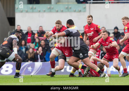 Parc y Scarlets, Llanelli, Wales, UK. Friday 30 March 2018.  Scarlets number eight John Barclay attacks in the European Champions Cup Quarter Final match between Scarlets and Stade Rochelais / La Rochelle. Credit: Gruffydd Thomas/Alamy Live News Stock Photo