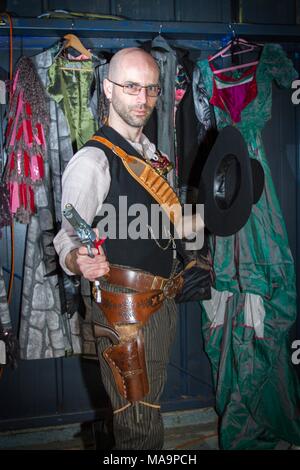 Manchester, UK, 31st March 2018.  Post apocalyptic time travellers meet up for a weekend at the asylum as the four day steampunk convention gets under way at the Bowlers Exhibition Centre in Greater Manchester.  Credit: Cernan Elias/Alamy Live News Stock Photo