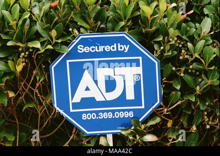 Close-up of sign with logo for ADT Security Corporation, a residential and business alarm system provider, in San Ramon, California, September 17, 2017. () Stock Photo