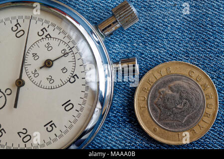turkish coin with a denomination of 1 lira back side and stopwatch turkish coin with a denomination of 1 lira back side and stopwatch on worn