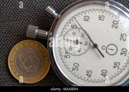 turkish coin with a denomination of 1 lira back side and stopwatch turkish coin with a denomination of 1 lira back side and stopwatch on brown