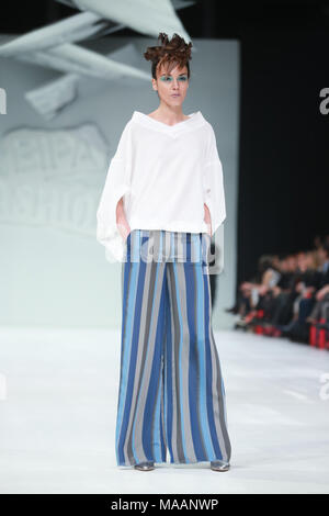 ZAGREB, CROATIA- MARCH 24, 2018: Fashion model wearing clothes for spring-summer, designed by Marina Design on the Bipa Fashion.hr fashion show in Zag Stock Photo