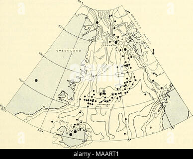 . The Earth beneath the sea : History . Fig. 11. KartlKniako epicenters in the Norwegian Sea, 1905-56. Plotted f&quot;rf)ni compilation of (iiitenberg and Richter (1954) and the epicenter cards of the United States Coast and Geodetic Survey. (After Heezen and Ewing, 1961.) 7. Arctic Basin Between Spitsbergen and Greenland, the Norwegian Sea basin narrows to less than 200 miles from shelf break to shelf break. This area has been referred to as the Nansen's Sill as it marks the sill or threshold for water-masses flowing between the Norwegian Sea and the Arctic Basin (Fig. 11; and Heezen and Ewin Stock Photo