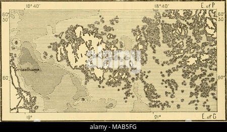 . The earth and its inhabitants .. . Depth under 27 i'athoms. 27 to 54 Fathoms 54 to 108 Fathoms. 20 Miles. Over 108 Fathoms. continuous mass of ice. Even the channel separating them from the Swedish coast is sometimes frozen, and in 1809 a Cossack troop was able to gallop across and surprise the town of Grisselhamn. Wolves also cross over in severe seasons, and ravage the inhabited islands, numbering altogether about eighty. The southern shores of Finland are also cut off&quot; from the deep waters by numerous isles and reefs, which greatly obstruct navigation. In the middle of the gulf itsel Stock Photo