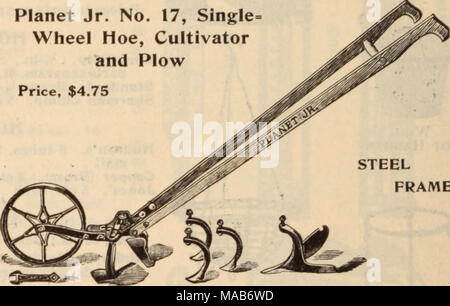 . Dreer's wholesale price list / Henry A. Dreer. . STEEL FRAME No. 17. Wheel Hoe is suited to all kinds of garden cultivation and Florist crops. You can do more and better hoeing with it in one day than you can do in three days with a hand hoe. The No. 17 has a pair of 6-inch hoes, a plow and a set of cultivator teeth, an outfit sufficient for most garden work. No. 16. With plow, two hoes, three cultivator teeth, two rakes, and leaf lifter $5 35 No. 17y2. With two hoes and three teeth 4 25 No. 18. With 6-inch hoes only 3 25 Stock Photo