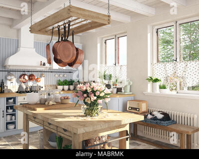 Retro Kitchen In A Cottage With Sleeping Cat 3d Rendering Stock