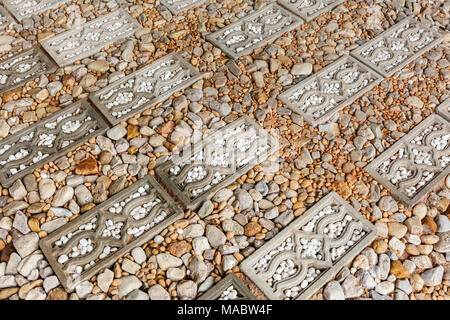 Walkway surface made of gravel grainy , stone and bricks for background Stock Photo