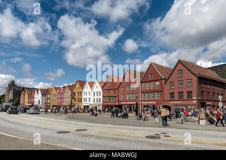 Bergen's Old Wharf district, Bryggen, wooden warehouse facades in Hanseatic styles & colors, Norway Stock Photo