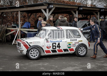 1980 Mini 1275 GT of Burnett / Meaden in the paddock prior to the Gerry Marshall Trophy race at Goodwood 76th Members Meeting, Sussex, UK.