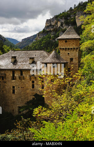 The Chateau de la Caze in Gorges du Tarn a canyon formed by the Tarn between the Causse Méjean and the Causse de Sauveterre, in southern France. Stock Photo