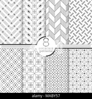 Set of eight seamless patterns. Modern stylish textures. Regularly repeating geometrical patterns with different geometric shapes. Abstract small text Stock Vector