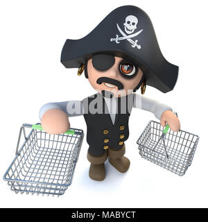 3d render of a funny cartoon pirate captain carrying shopping baskets Stock Photo