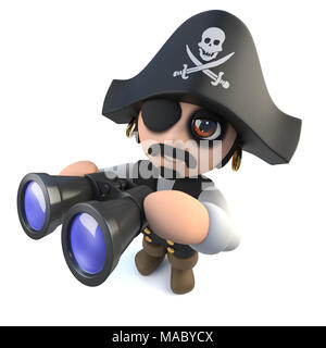 3d render of a funny cartoon pirate captain character looking through binoculars Stock Photo