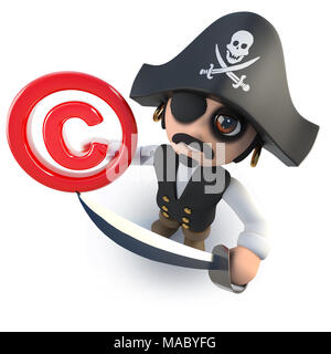 3d render of a funny cartoon pirate captain holding a copyright symbol Stock Photo