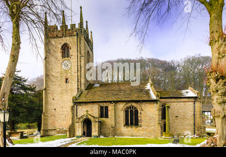Pott Shrigley village church is a picturesque church in a rural Cheshire village that is popular for weddings.  Close to Bollington Stock Photo