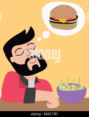 Hand drawn vector illustration or drawing of a cartoon man eating a salad but imagining a hamburger Stock Vector