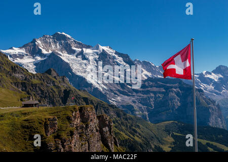 Spectacular view on famous mountain Jungfrau in Bernese Alps on beautiful day from viewpoint Mannlichen. Lauterbrunnen, Switzerland Stock Photo