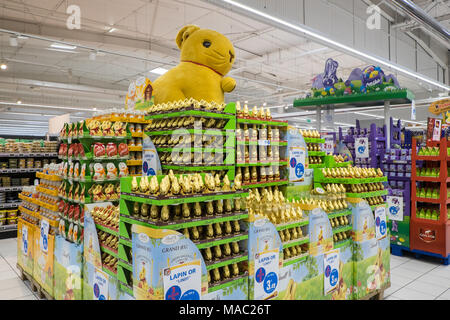 Lindt,Swiss,Switzerland,chocolate,bunnies,on,display,at,Easter,at,E.Leclerc,superstore,hyper,market,Limoux,Aude,region,South,of,France,French,Europe, Stock Photo