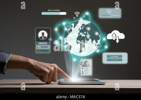 Businessman hand touching on tablet with cloud  diagram on the new computer interface as concept. Stock Photo