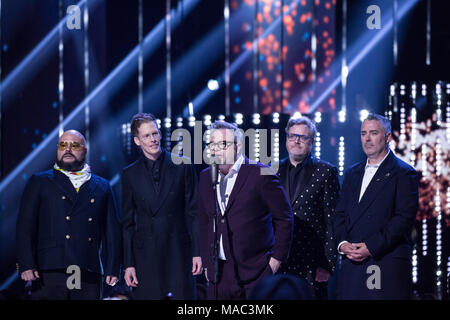 The Barenaked Ladies with Steven Page inducted into the Canadian Music Hall of Fame at the 2018 Juno Awards in Vancouver. Bobby Singh/@fohphoto Stock Photo