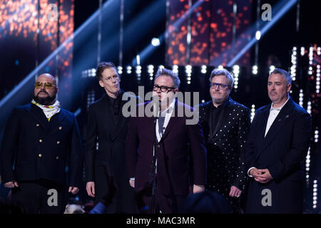 The Barenaked Ladies with Steven Page inducted into the Canadian Music Hall of Fame at the 2018 Juno Awards in Vancouver. Bobby Singh/@fohphoto Stock Photo