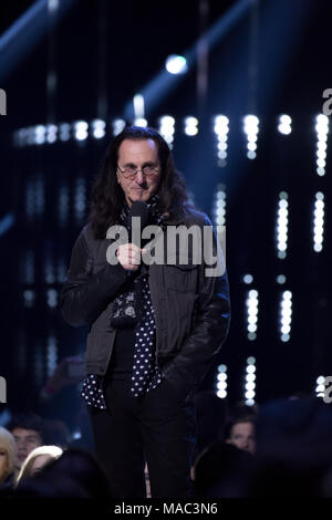 Legendary Rush bassist and vocalist Geddy Lee inducts Barenaked Ladies into the Canadian Music Hall of Fame at the 2018 Juno Awards Stock Photo