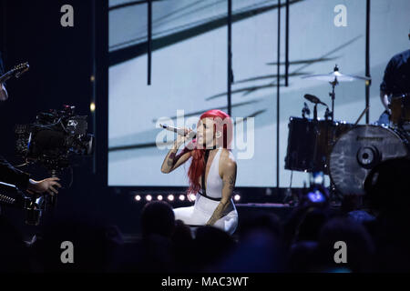 Vancouver, CANADA. 26th March, 2018. Lights performs at the 2018 Juno Awards in Vancouver. Credit: Bobby Singh/fohphoto Stock Photo