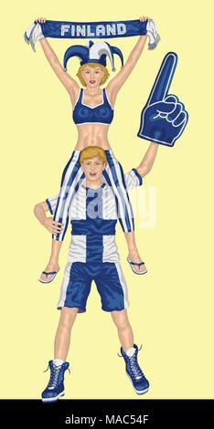 Finn Fans Supporting Finland Team with Scarf and Foam Finger. All the objects are in different layers and the text types do not need any font. Stock Vector