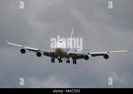 LX-ECV, a Boeing 747-4HQF operated by Cargolux Airlines, arriving at Prestwick International Airport in Ayrshire. Stock Photo