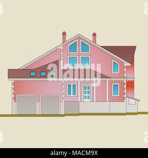 The house is built of red brick and decoration details with white stone. Classical style of the architecture of the apartment house. Stock Vector