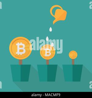 Bitcoin money flowers set with watering cans. Decorative plants in pots on a blue background. Vector illustration Stock Vector
