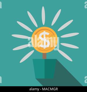 Flat, potted money dollar flower. monetary success illustration. Isolated on blue. Modern, minimalist, icon in stylish colors. Web site page and mobil Stock Vector