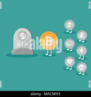 Dollar Coins Icon Tombstone Flat. Vector Of Business Concept Symbol For Using In Mobile Applications Or Mobile Web Project. Real money vs Bitcoin virt Stock Vector