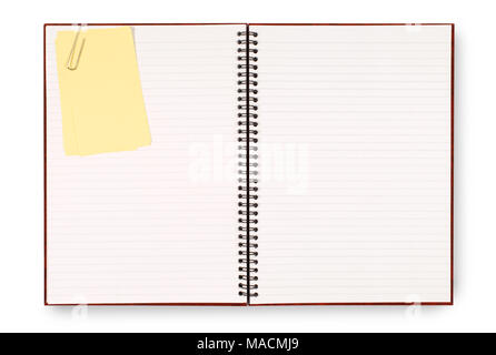 Writing book or scrapbook with yellow sticky notes  isolated on a white background.  Space for copy. Stock Photo