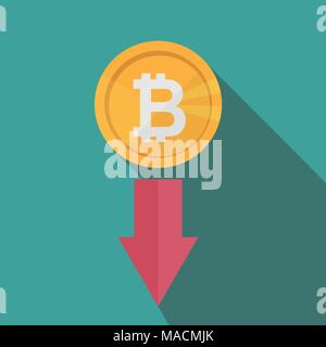 Bitcoin index rating go down on exchange market. red arrow. The bitcoin rate falls on the background - Vector illustration Stock Vector