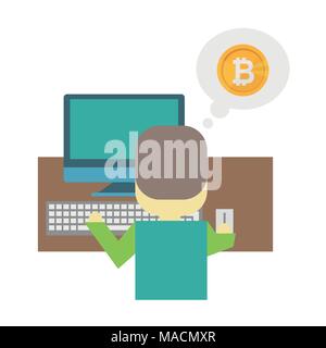 Cartoon flat illustration - mining bitcoin. A young man nerd sits behind a Desk with a computer laptop. Earning money on the Internet. Intellectual la Stock Vector