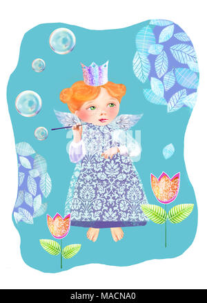 A little princess among the flowers blowing soap bubbles. Cute fairy blows soap bubbles in the garden. Stock Photo