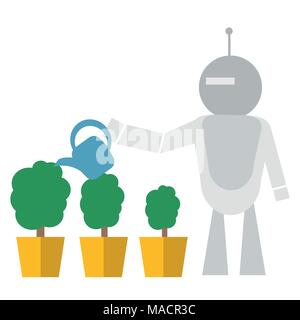Modern Robot Watering Flowers Artificial Intelligence Technology Concept Flat Vector Illustration Stock Vector
