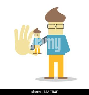 Self presentation. Young character holding his 3D model on the palm flat editable vector illustration, clip art Stock Vector