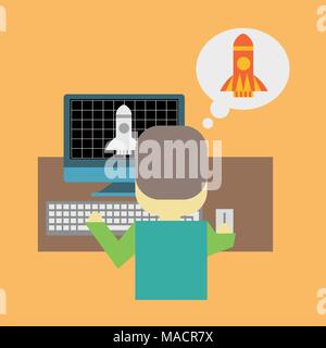 Man in front of pc with a rocket taking off. Startup or modeling concept - Cartoon flat illustration Stock Vector
