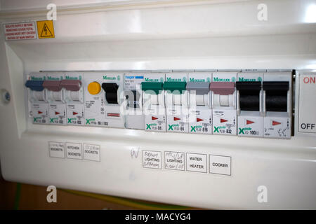 domestic plastic electrical consumer unit distribution unit with RCD trip switches in the uk Stock Photo
