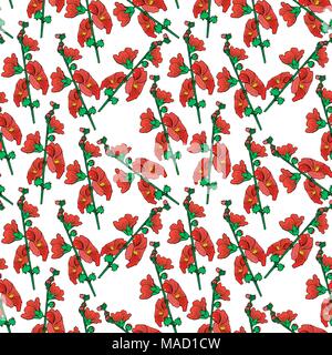 branch of mallow with red blossoming flowers, seamless pattern isolated on white background Stock Vector