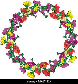round wreath of flowering branches with pink, red and yellow buds mallow isolated on white background, empty space in the middle Stock Vector