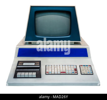 Retro Vintage Personal Computer (PC) With Keyboard, Monitor And Audio Cassette Desk Stock Photo
