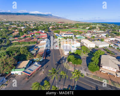 An aerial view of Ala Malama Avenue. the main street in downtown Kaunakakai, Molokai, Hawaii. Stock Photo
