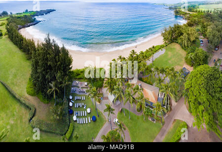 An aerial view of DT Fleming Beach Park, Honokahua Bay and Makaluapuna Point, Maui, Hawaii, USA. Stock Photo