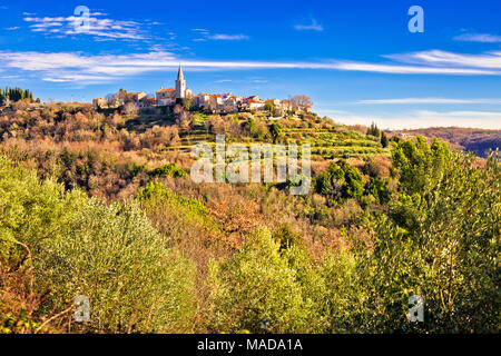 Idyllic hill village of Groznjan view, landscape and architecture of Istria, Croatia Stock Photo