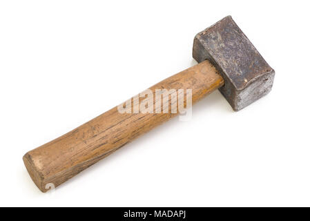 Close up of a heavily used old hammer isolated on white. Stock Photo